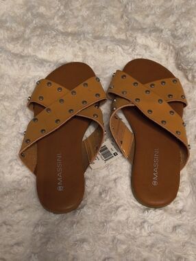 Massini Tan Studded Crisscross Slide Sandals - Women's Fashion Slides